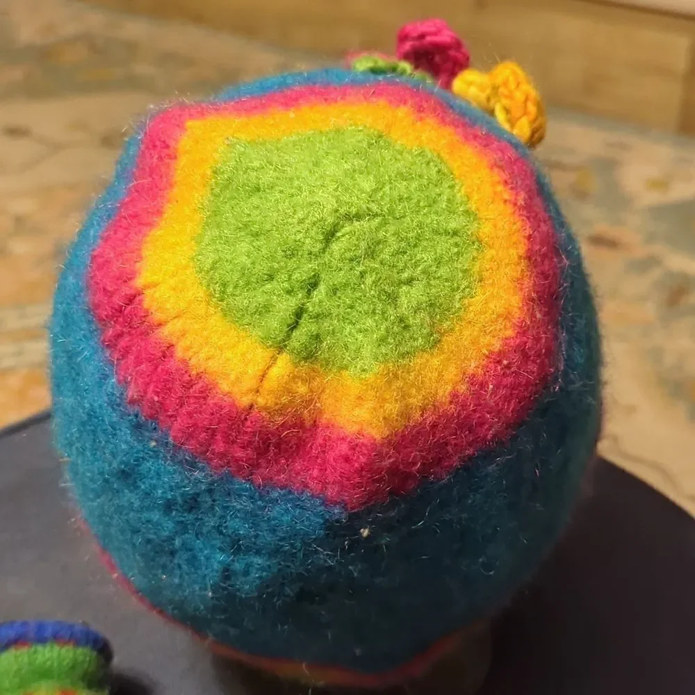 PERUVIAN CHULLO Winter Knit COLORS STRIPED HAT W/EAR FLAPS/hand warmersFOR Child